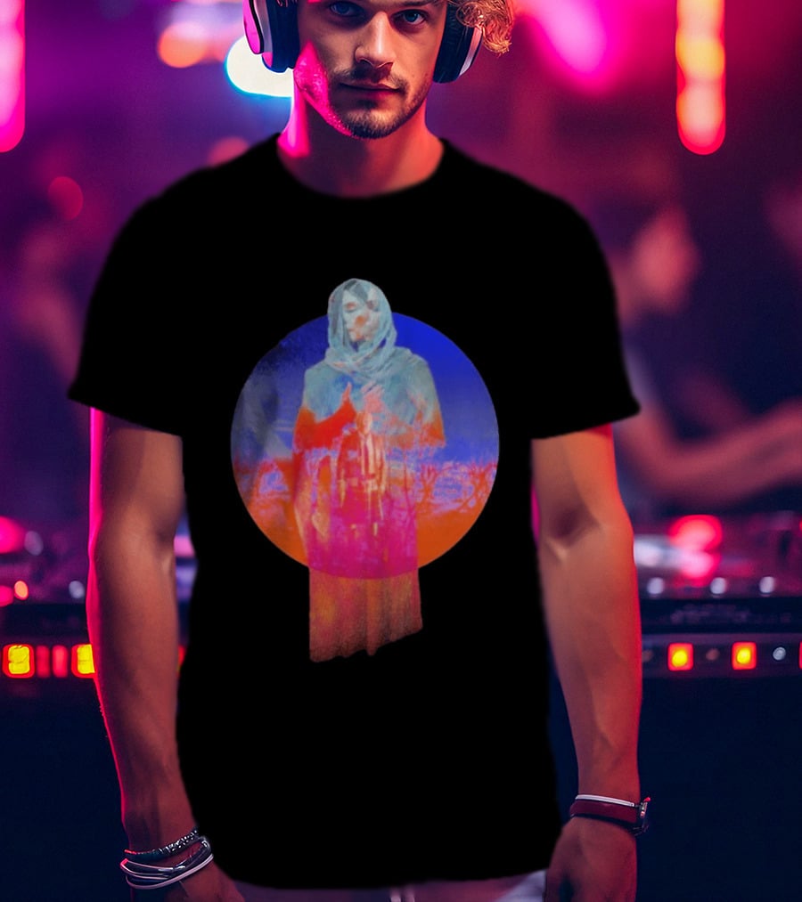 Hot Spot Eclipse Surreal Mystical Figure Eerie Hooded Apparition In Vibrant Color Spectrum T-Shirt