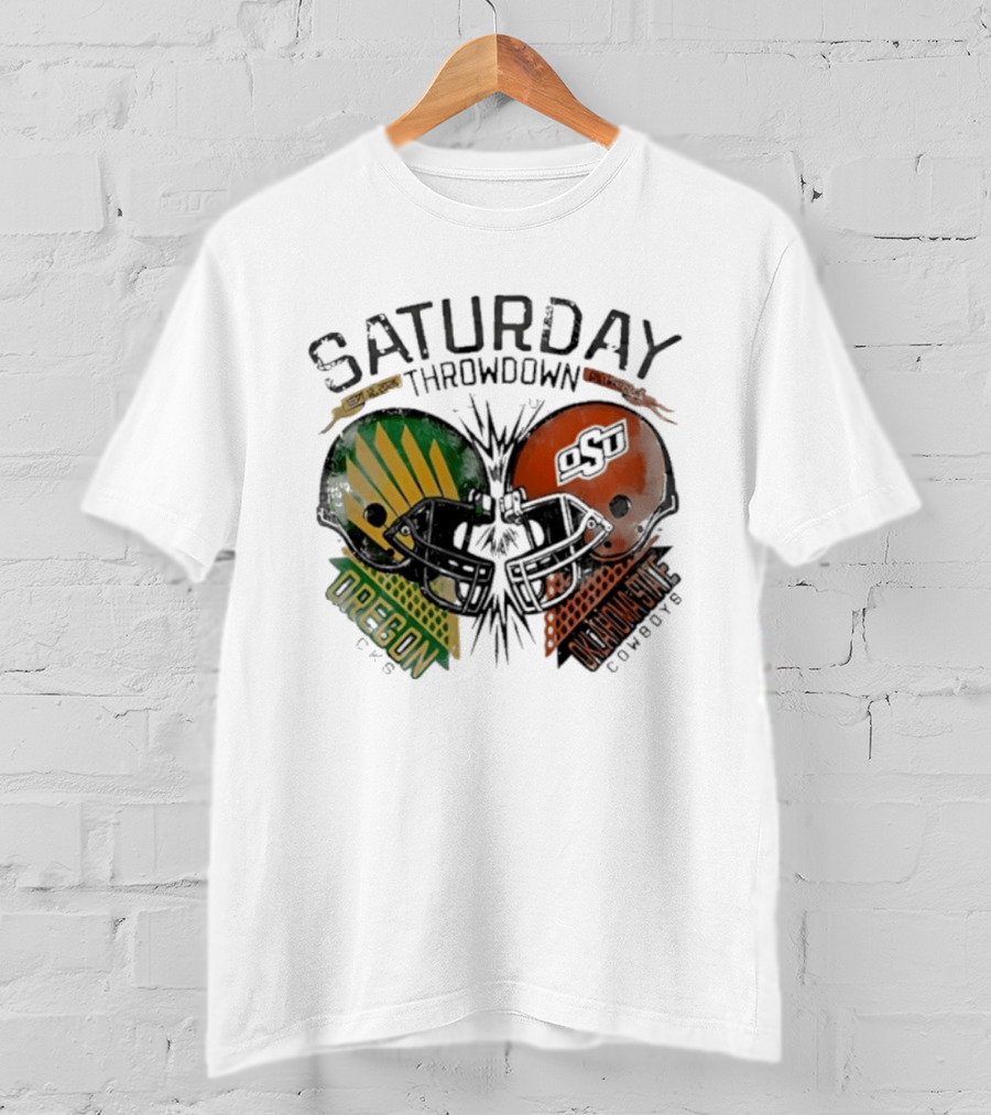 Oklahoma State Vs Oregon Saturday Throwdown 2026 Helmet Clash T-Shirt