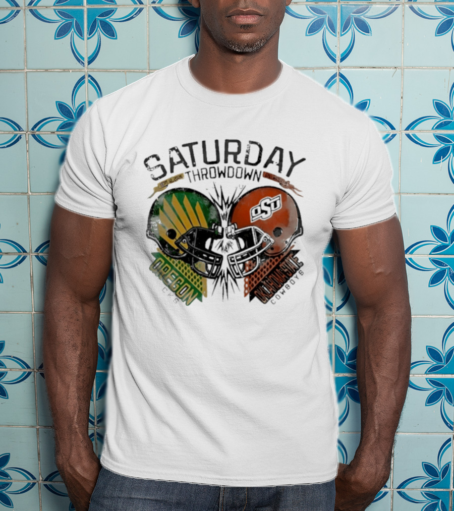 Oklahoma State Vs Oregon Saturday Throwdown 2026 Helmet Clash T-Shirt