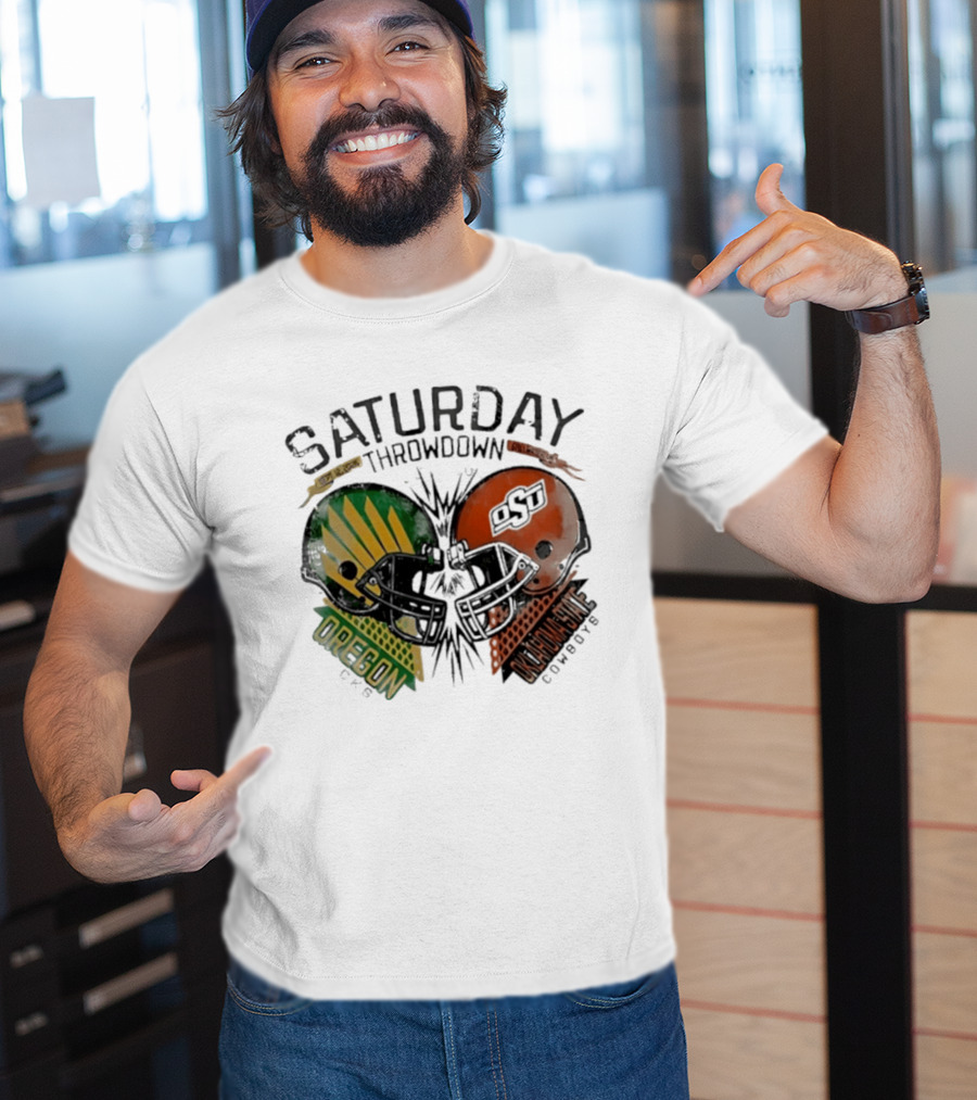 Oklahoma State Vs Oregon Saturday Throwdown 2026 Helmet Clash T-Shirt