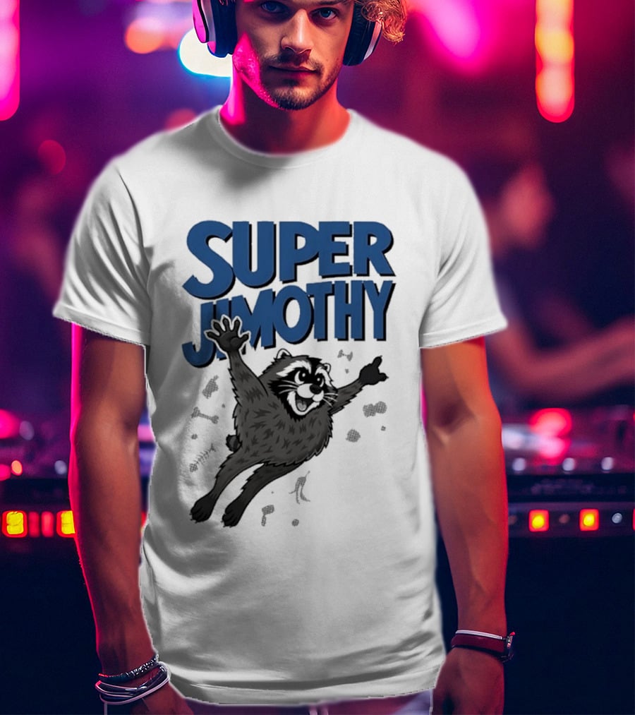 Super Jimothy Leaping Raccoon Playful Adventure T-Shirt