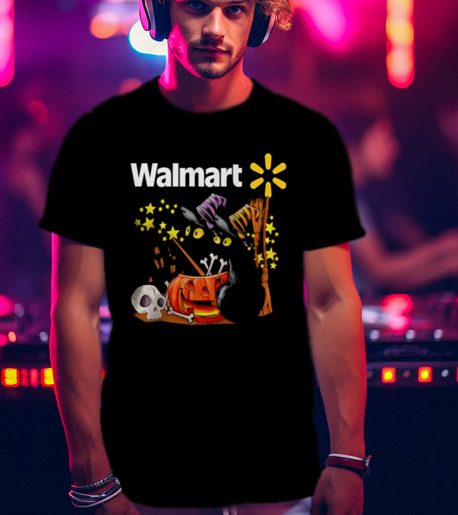 Walmart Halloween 2026 Black Cats With Witch Hats Pumpkin Skull And Stars T-Shirt