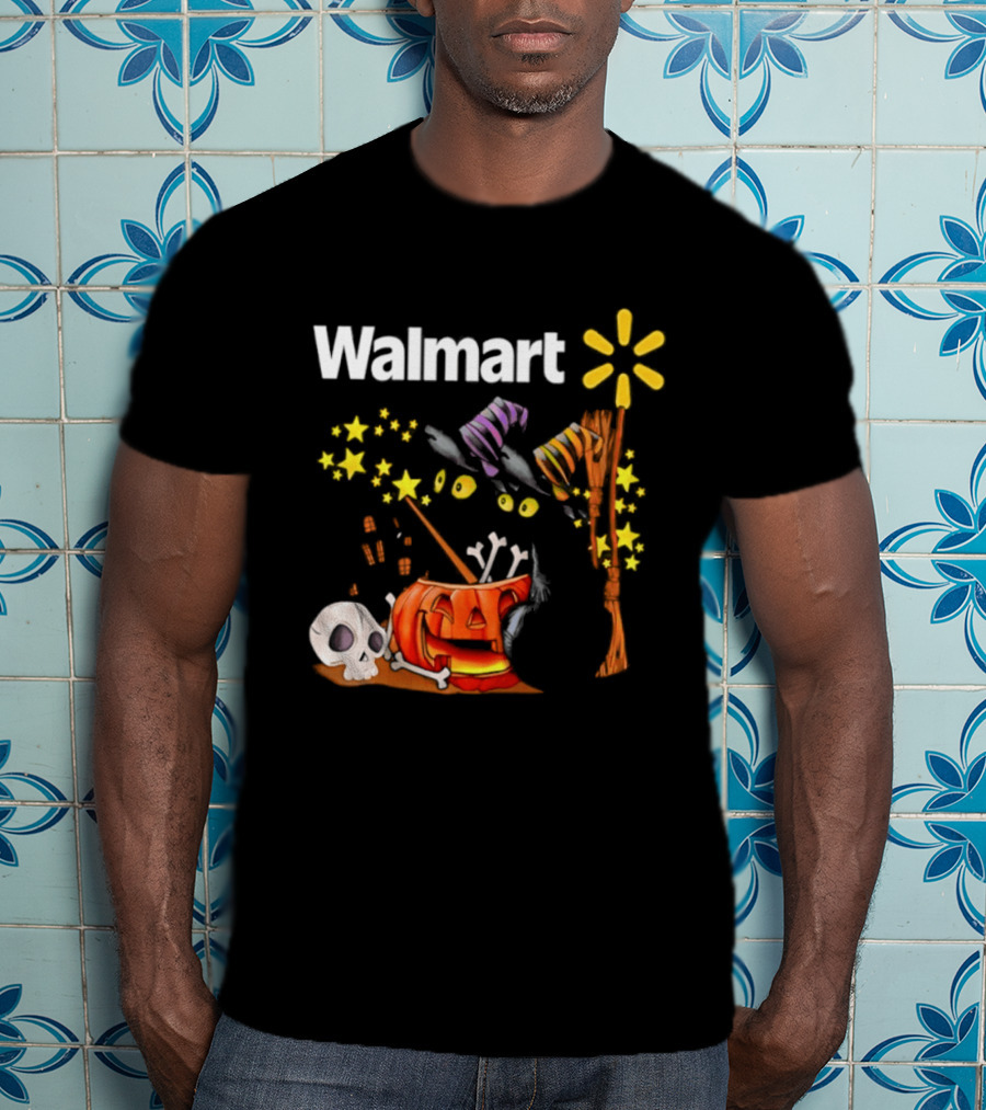 Walmart Halloween 2026 Black Cats With Witch Hats Pumpkin Skull And Stars T-Shirt