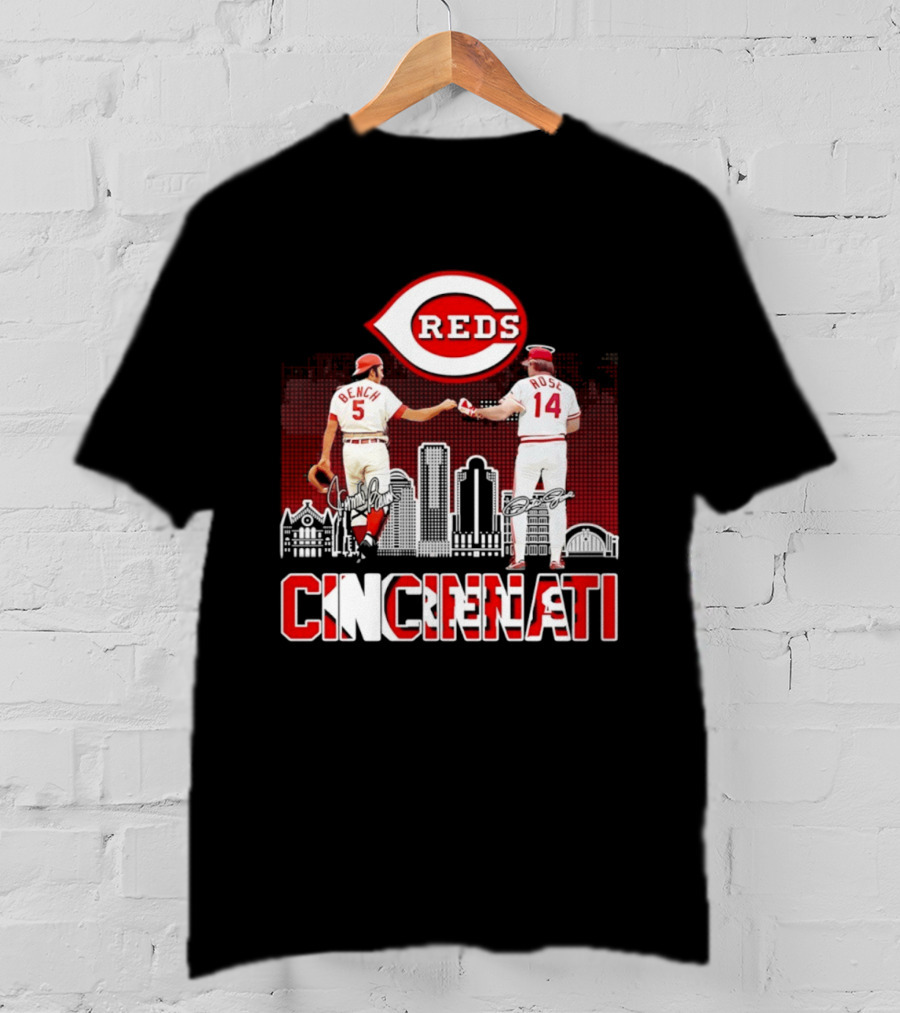 Cincinnati Reds Bench And Rose Skyline Signatures T-Shirt