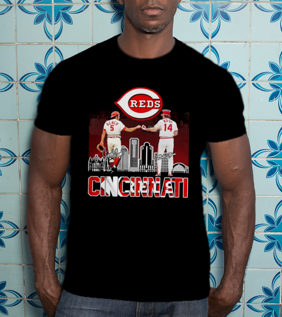 Cincinnati Reds Bench And Rose Skyline Signatures T-Shirt