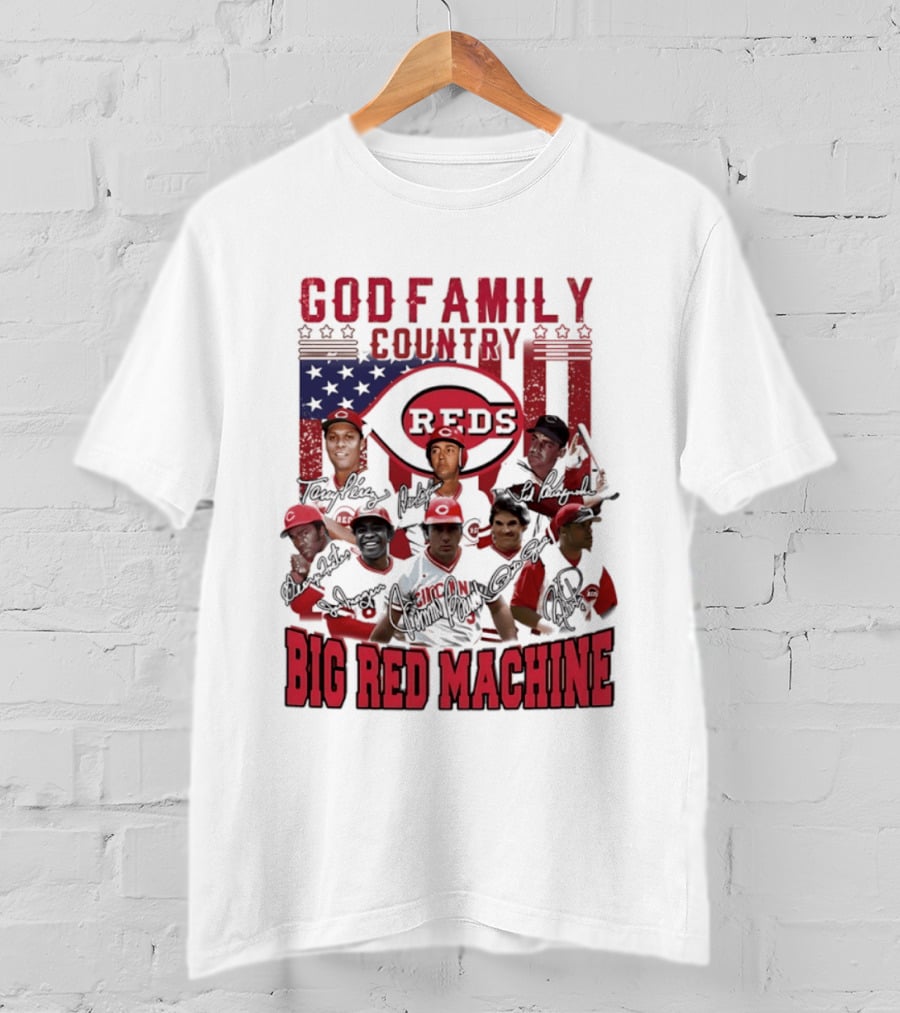 Cincinnati Reds God Family Country Big Red Machine Reds Signatures T-Shirt