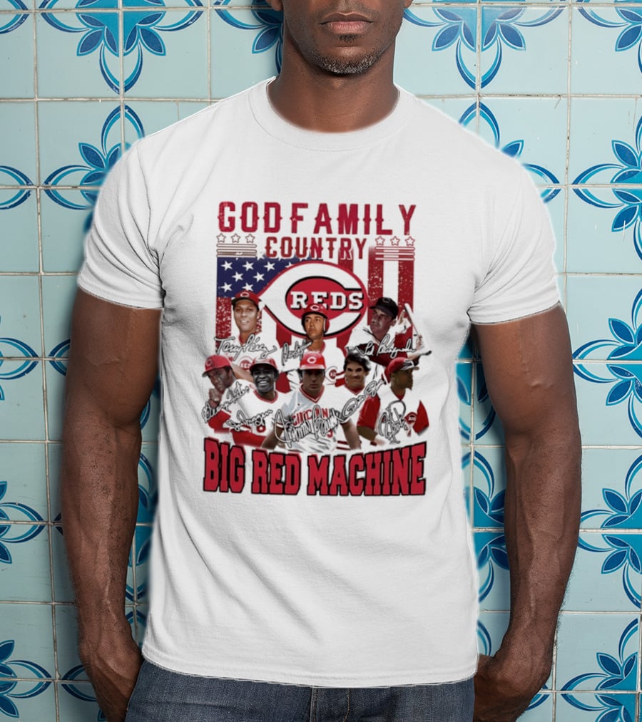 Cincinnati Reds God Family Country Big Red Machine Reds Signatures T-Shirt