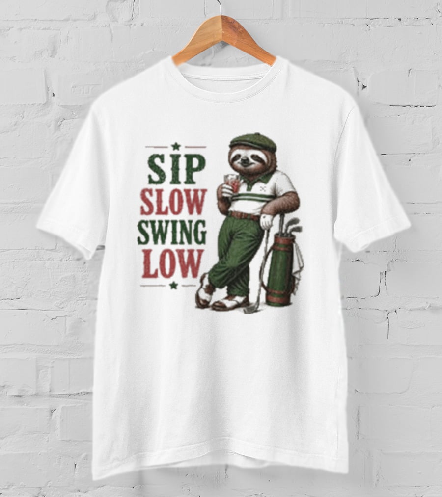 Sip Slow Swing Low Sloth Golfer Drinking Relaxed Golf T-Shirt