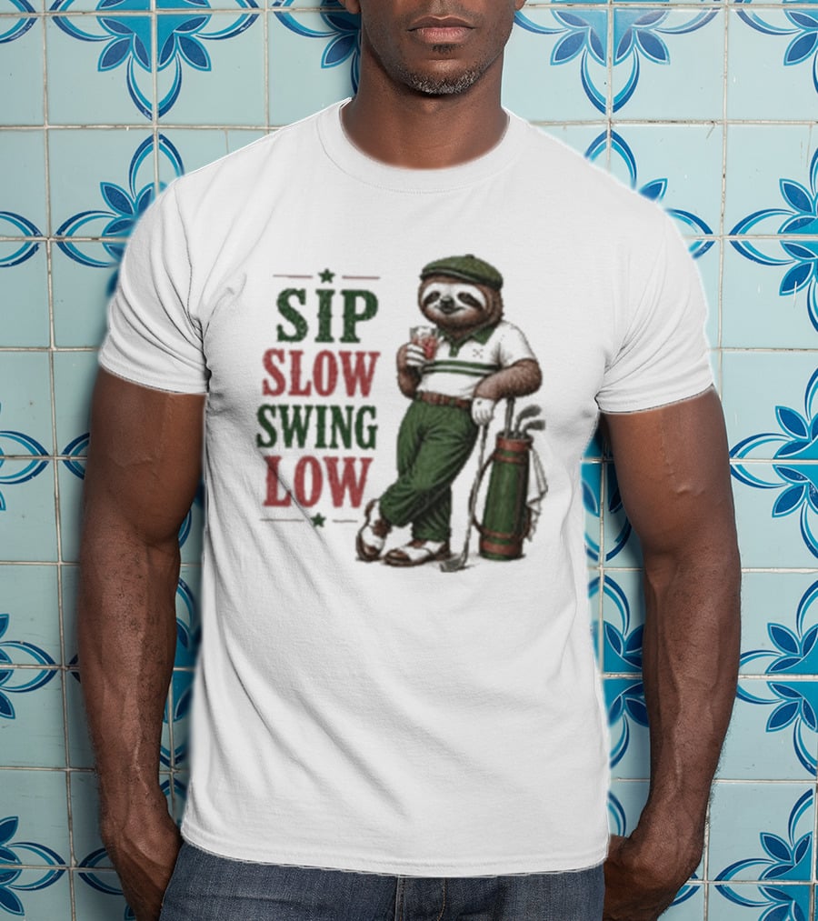 Sip Slow Swing Low Sloth Golfer Drinking Relaxed Golf T-Shirt