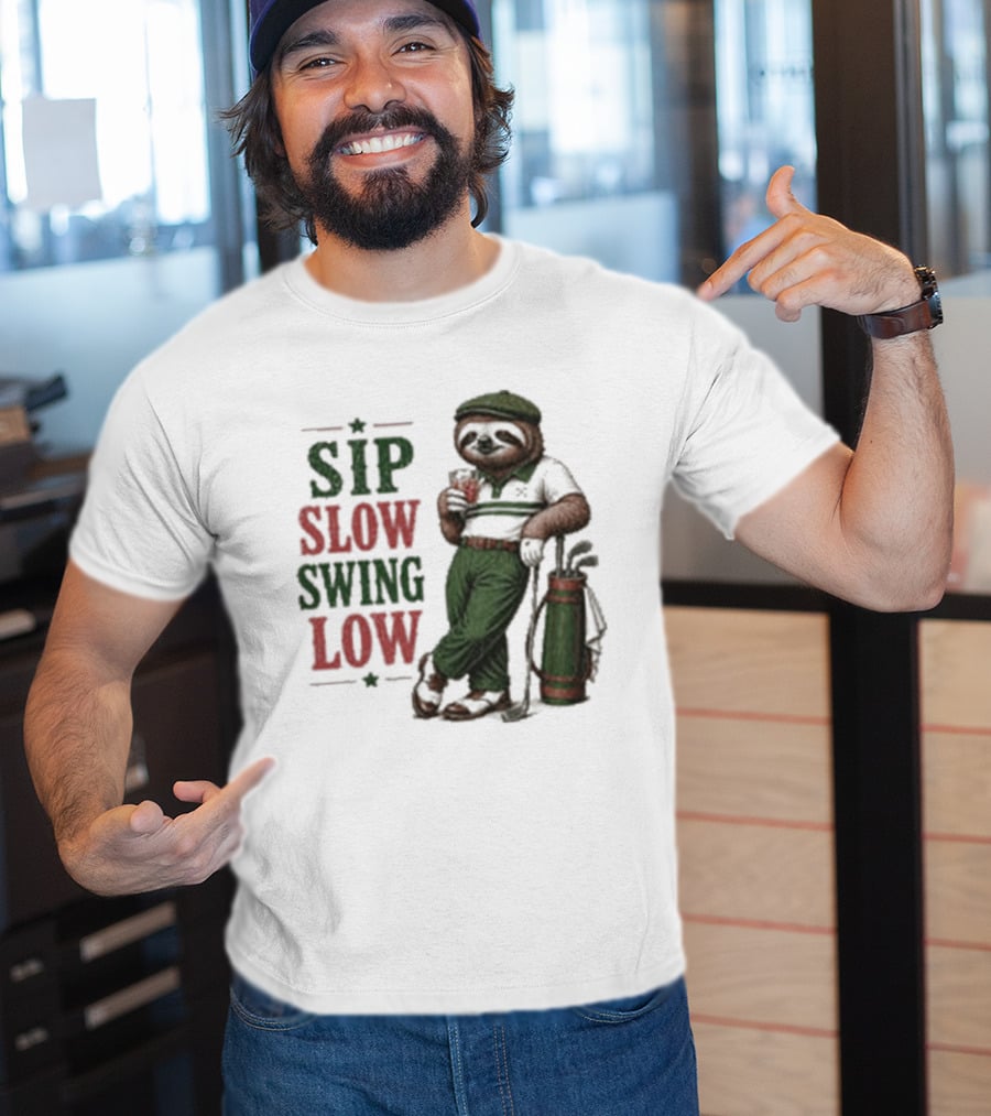 Sip Slow Swing Low Sloth Golfer Drinking Relaxed Golf T-Shirt