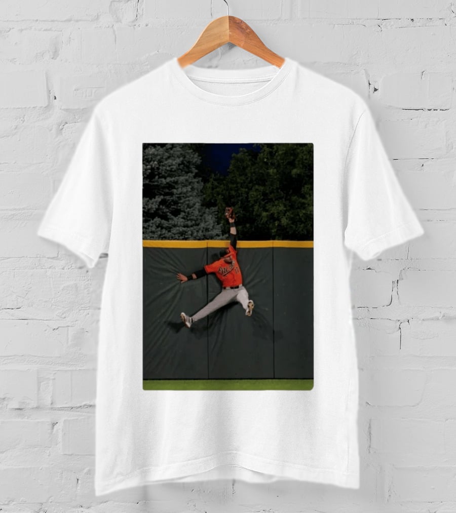 Colton Cowser Catch At Wall Wearing Red O's Jersey In Field Action T-Shirt