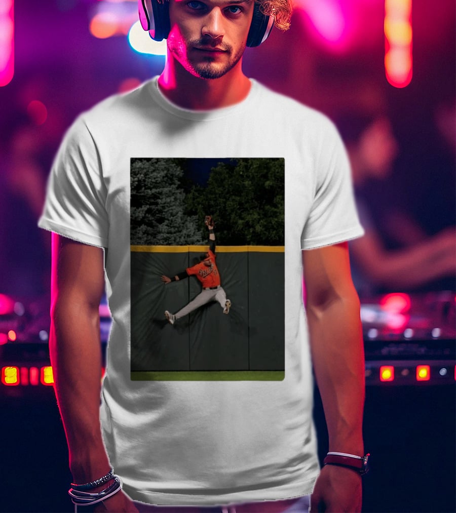 Colton Cowser Catch At Wall Wearing Red O's Jersey In Field Action T-Shirt
