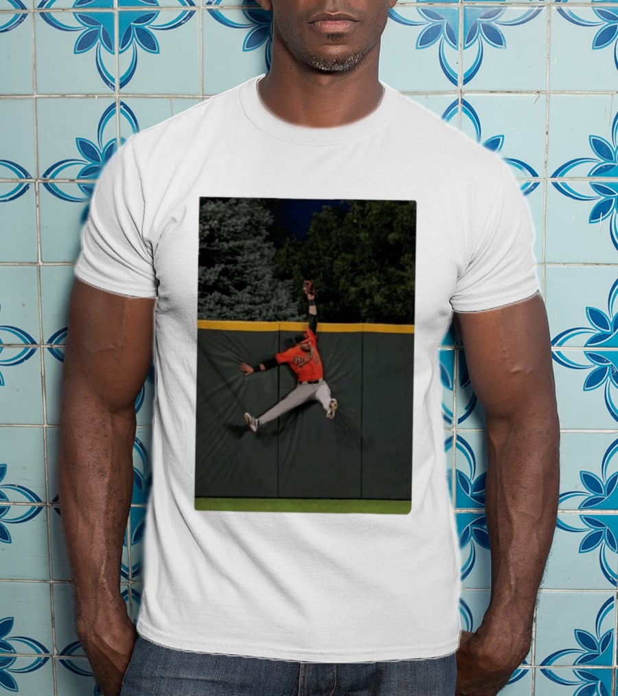 Colton Cowser Catch At Wall Wearing Red O's Jersey In Field Action T-Shirt