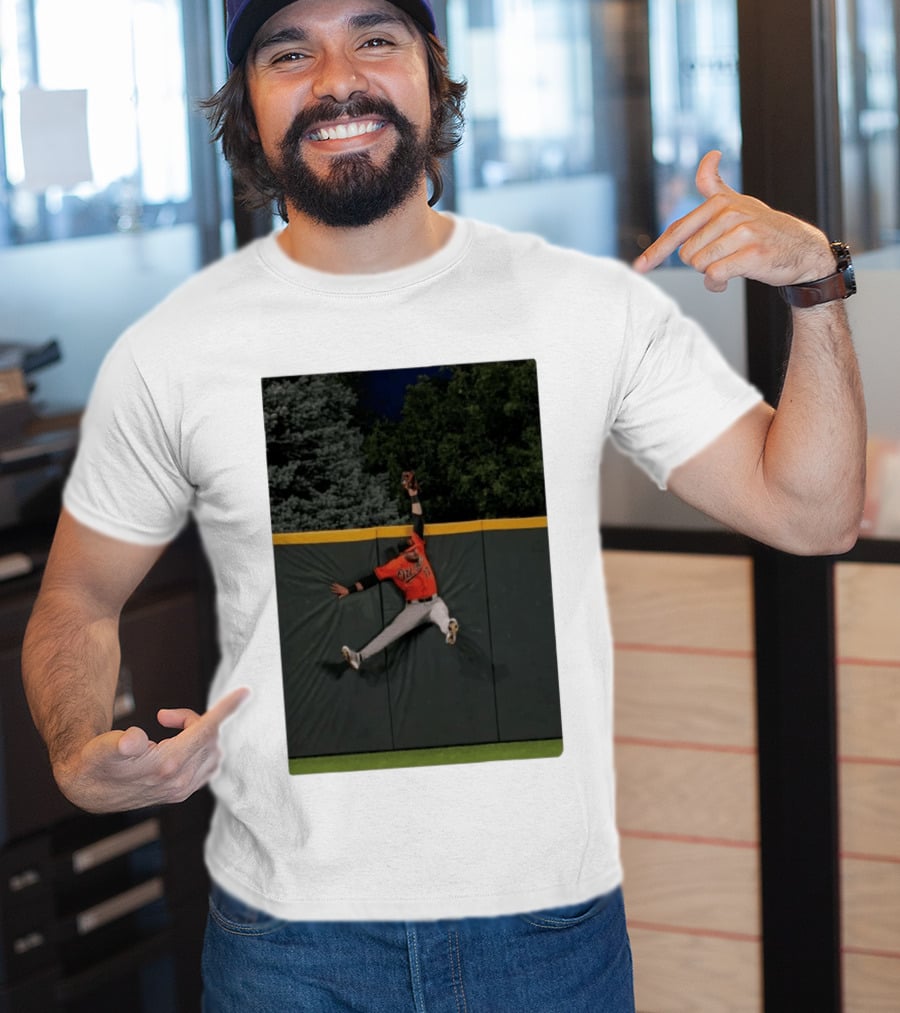 Colton Cowser Catch At Wall Wearing Red O's Jersey In Field Action T-Shirt
