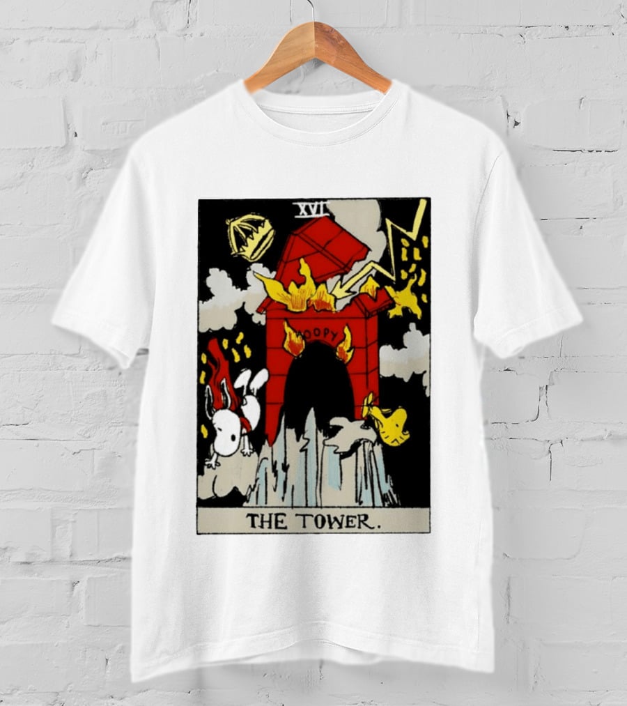 Snoopy The Tower Tarot Card XVII Lightning Flames Clouds Woodstock T-Shirt