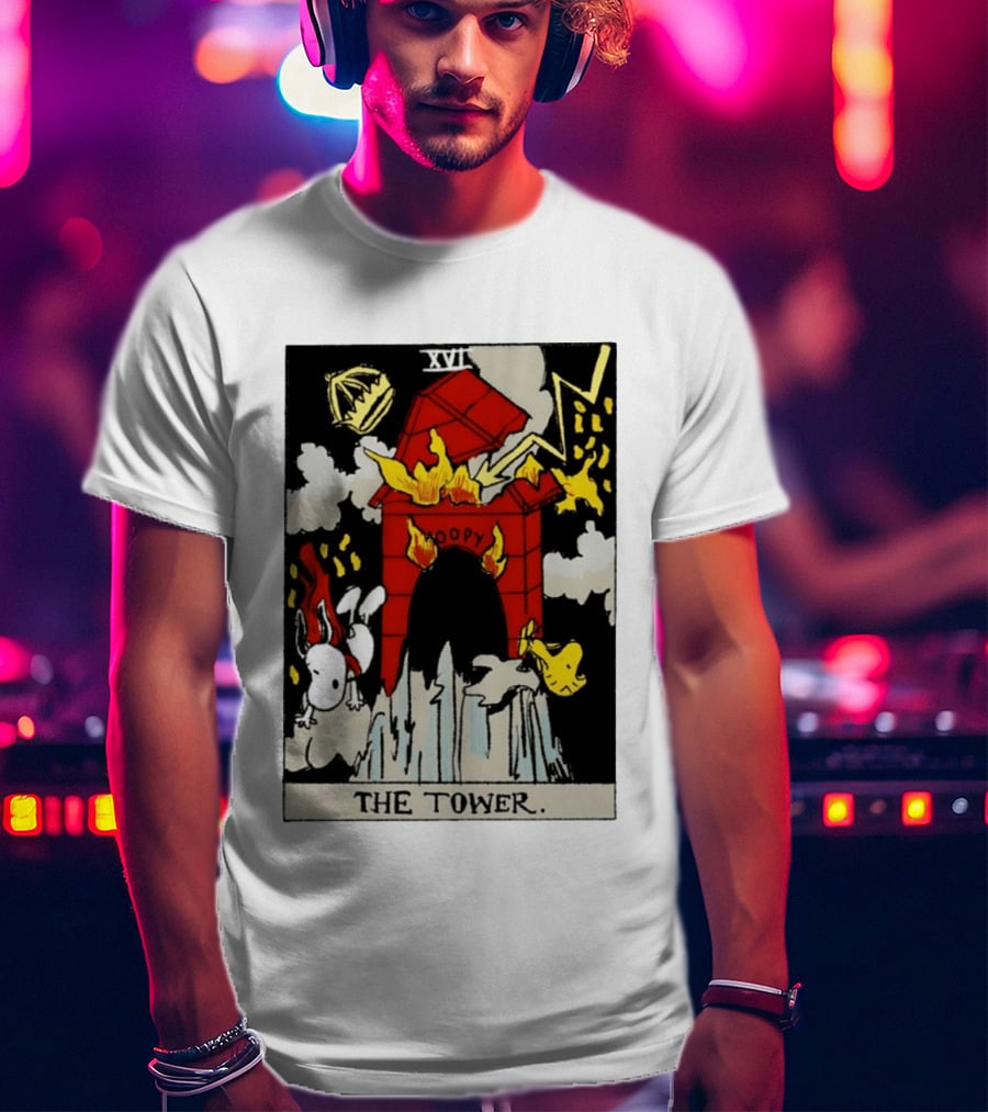 Snoopy The Tower Tarot Card XVII Lightning Flames Clouds Woodstock T-Shirt