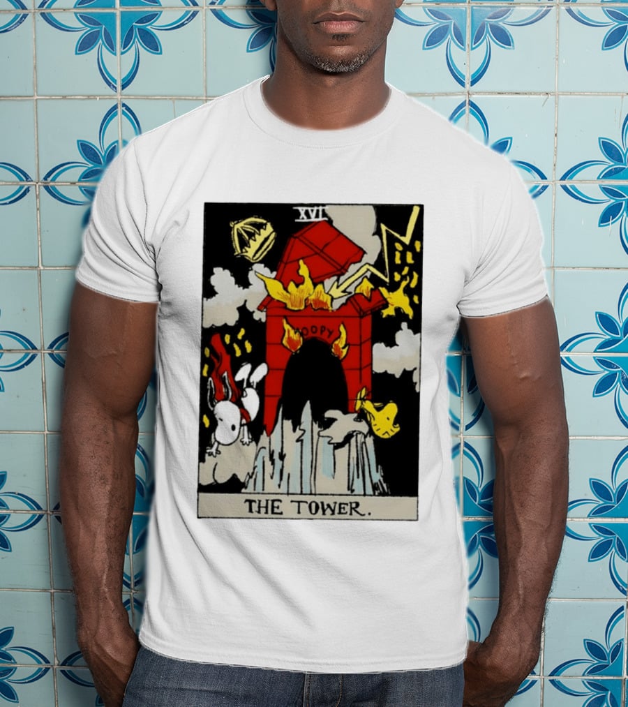Snoopy The Tower Tarot Card XVII Lightning Flames Clouds Woodstock T-Shirt