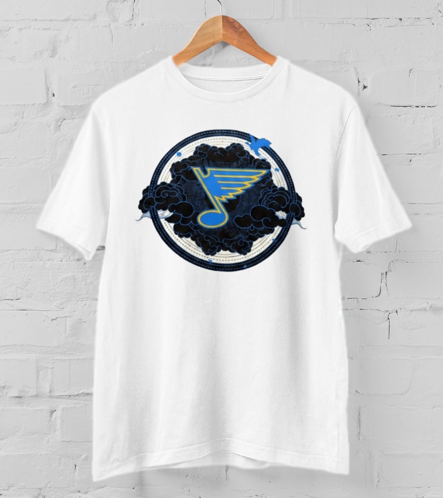 STL Blues Fourth Wing Night 2026 Circle Blue Emblem With Musical Note And Clouds T-Shirt