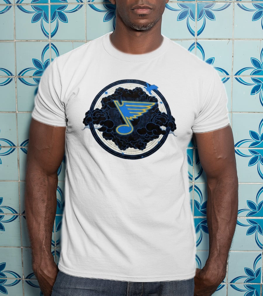 STL Blues Fourth Wing Night 2026 Circle Blue Emblem With Musical Note And Clouds T-Shirt