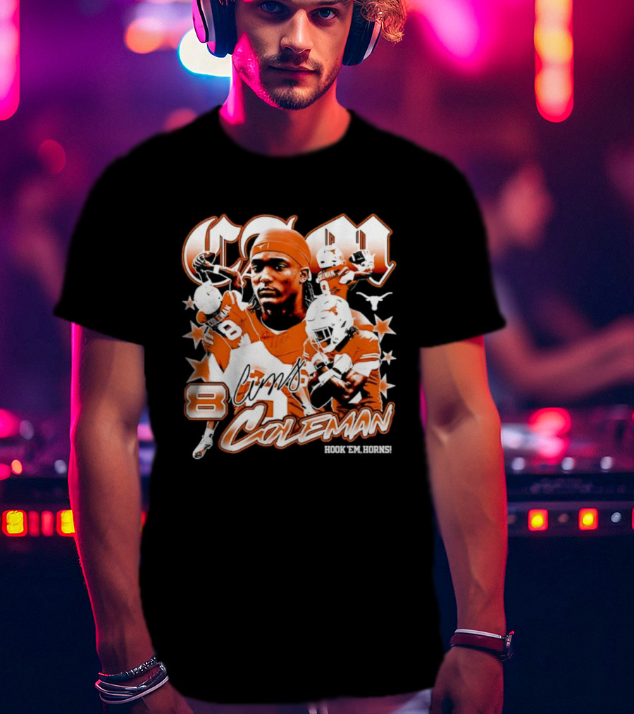 Cameron Coleman 8 Texas Longhorns NCAA Football Star Player Action T-Shirt