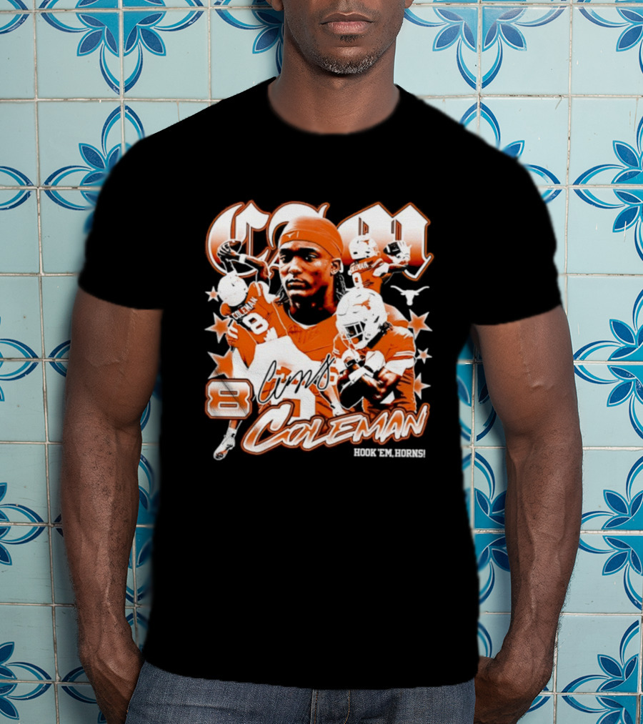 Cameron Coleman 8 Texas Longhorns NCAA Football Star Player Action T-Shirt