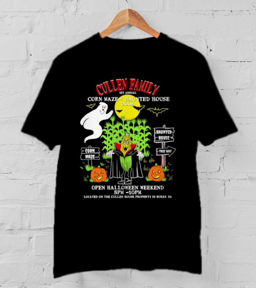 Cullen Family 1st Annual Corn Maze And Haunted House 2008 Halloween Weekend Event Promo With Ghosts And Pumpkins T-Shirt