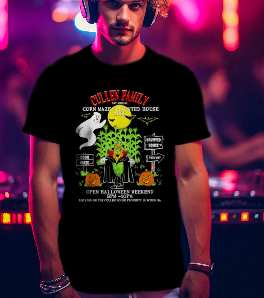 Cullen Family 1st Annual Corn Maze And Haunted House 2008 Halloween Weekend Event Promo With Ghosts And Pumpkins T-Shirt