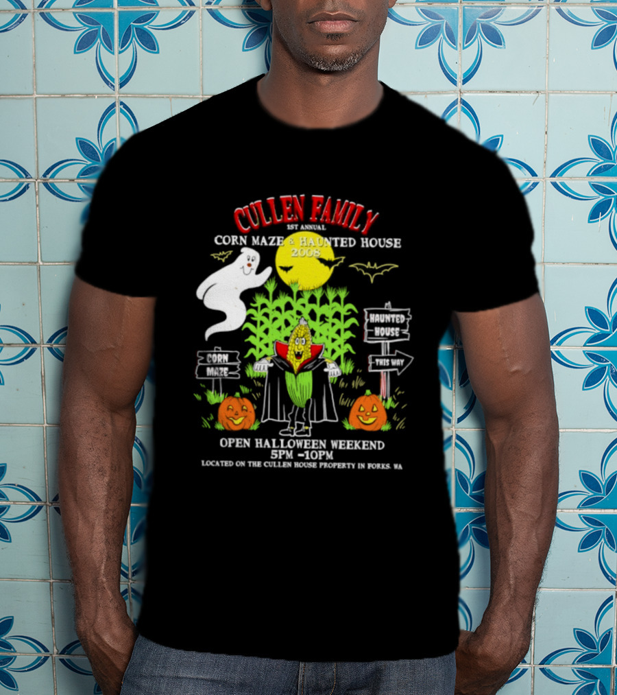 Cullen Family 1st Annual Corn Maze And Haunted House 2008 Halloween Weekend Event Promo With Ghosts And Pumpkins T-Shirt
