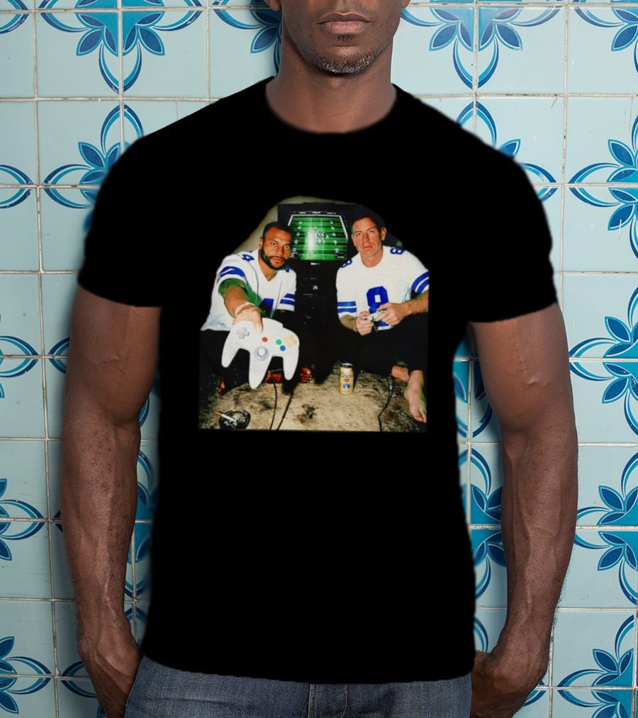 Dak Prescott Troy Aikman Dallas Cowboys Retro Gaming Session T-Shirt