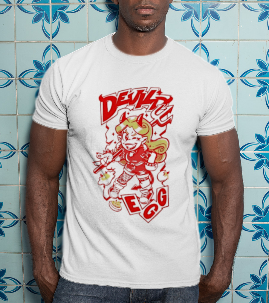 Devil Egg Cartoon Character With Pitchfork And Horns T-Shirt
