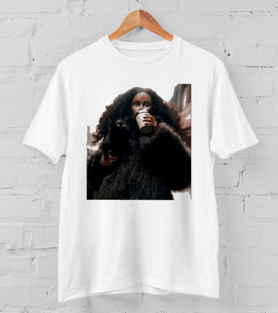 Diana's Cat Club Fashionable Coffee Moment With Furry Coat And Black Cat T-Shirt