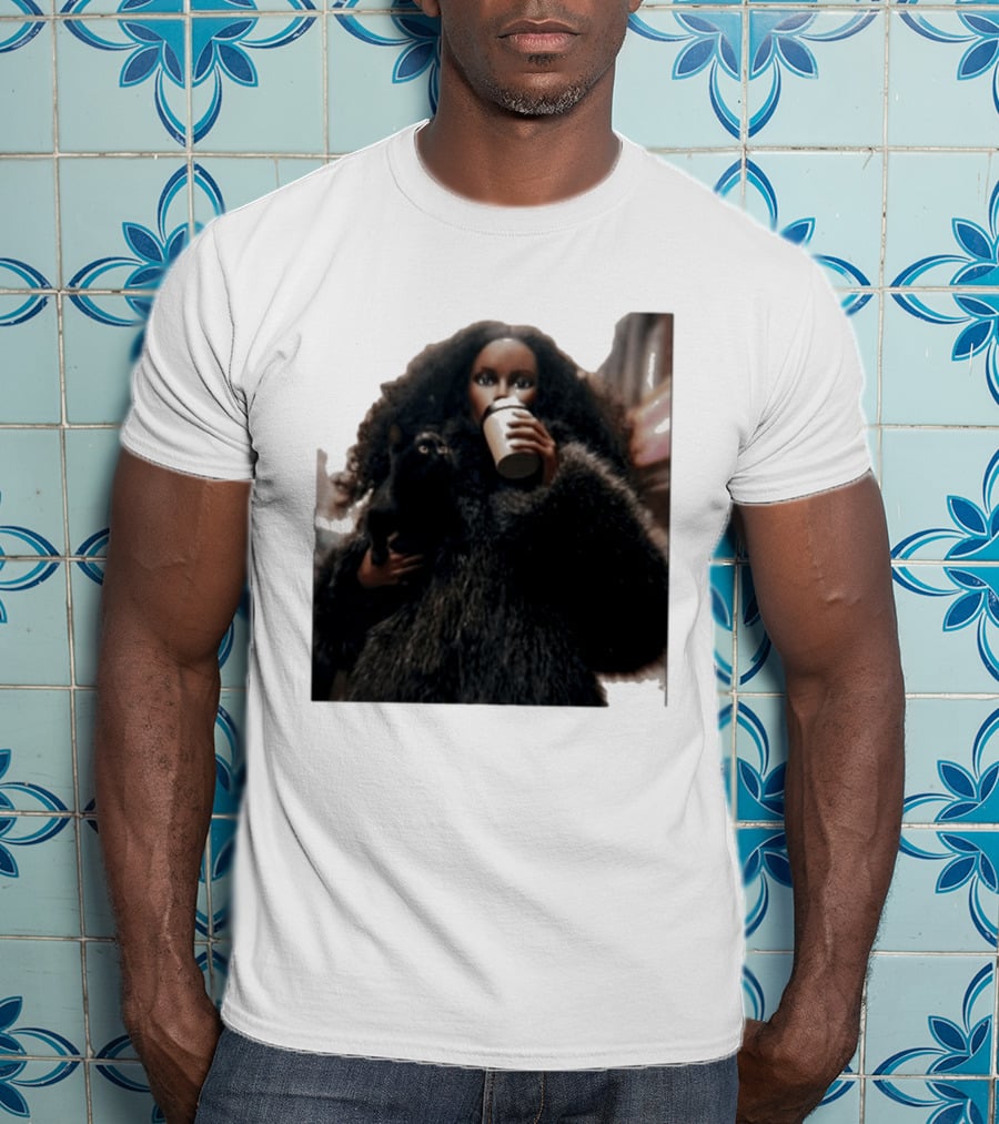 Diana's Cat Club Fashionable Coffee Moment With Furry Coat And Black Cat T-Shirt