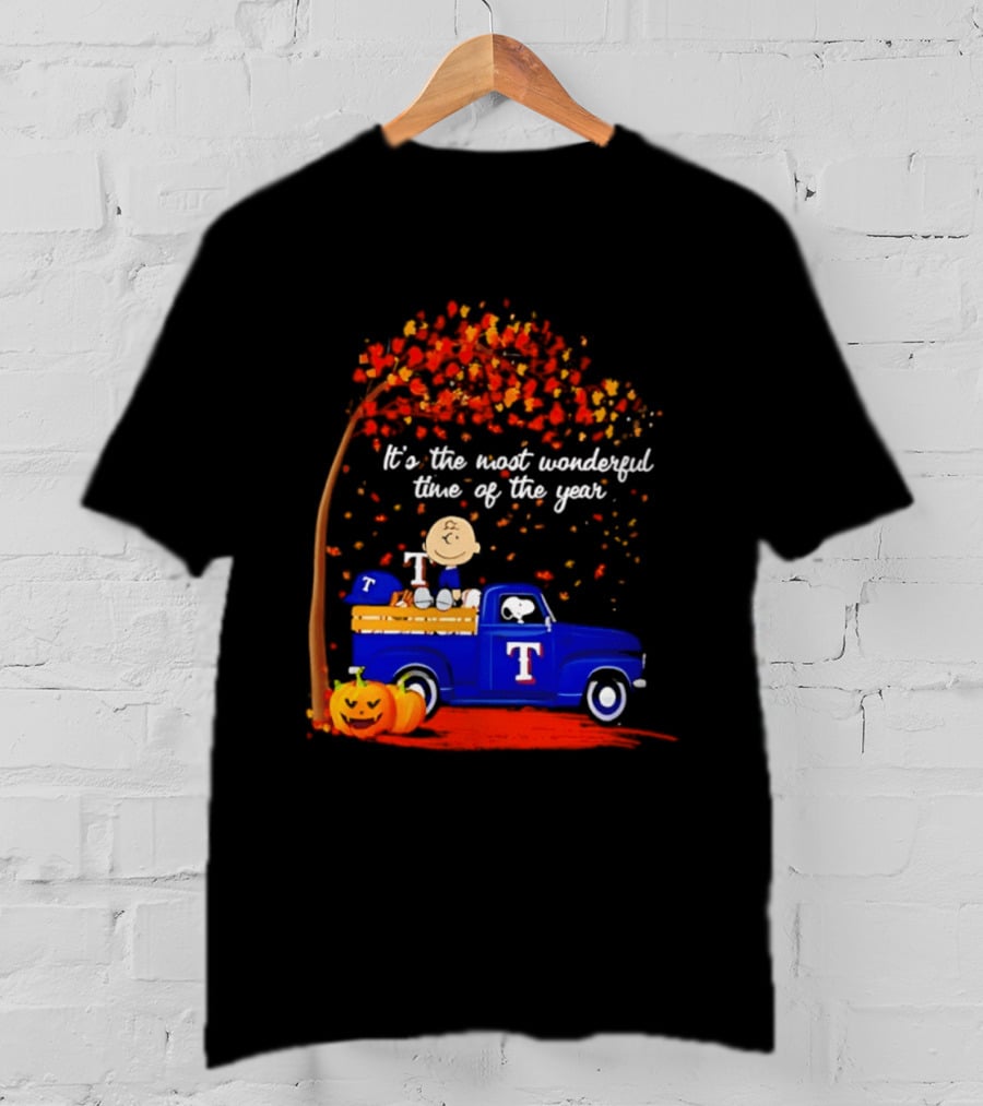 Snoopy Charlie Brown Texas Rangers Halloween 2026 It's The Most Wonderful Time Of The Year Truck Pumpkins T-Shirt