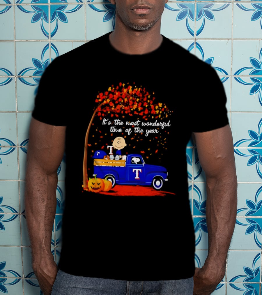 Snoopy Charlie Brown Texas Rangers Halloween 2026 It's The Most Wonderful Time Of The Year Truck Pumpkins T-Shirt