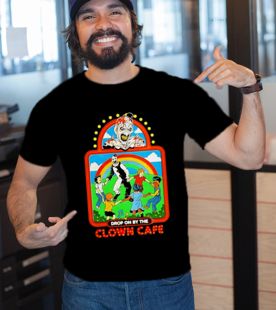 Drop On By The Clown Cafe Creepy Clown Horror With Rainbow And Dancing Kids T-Shirt