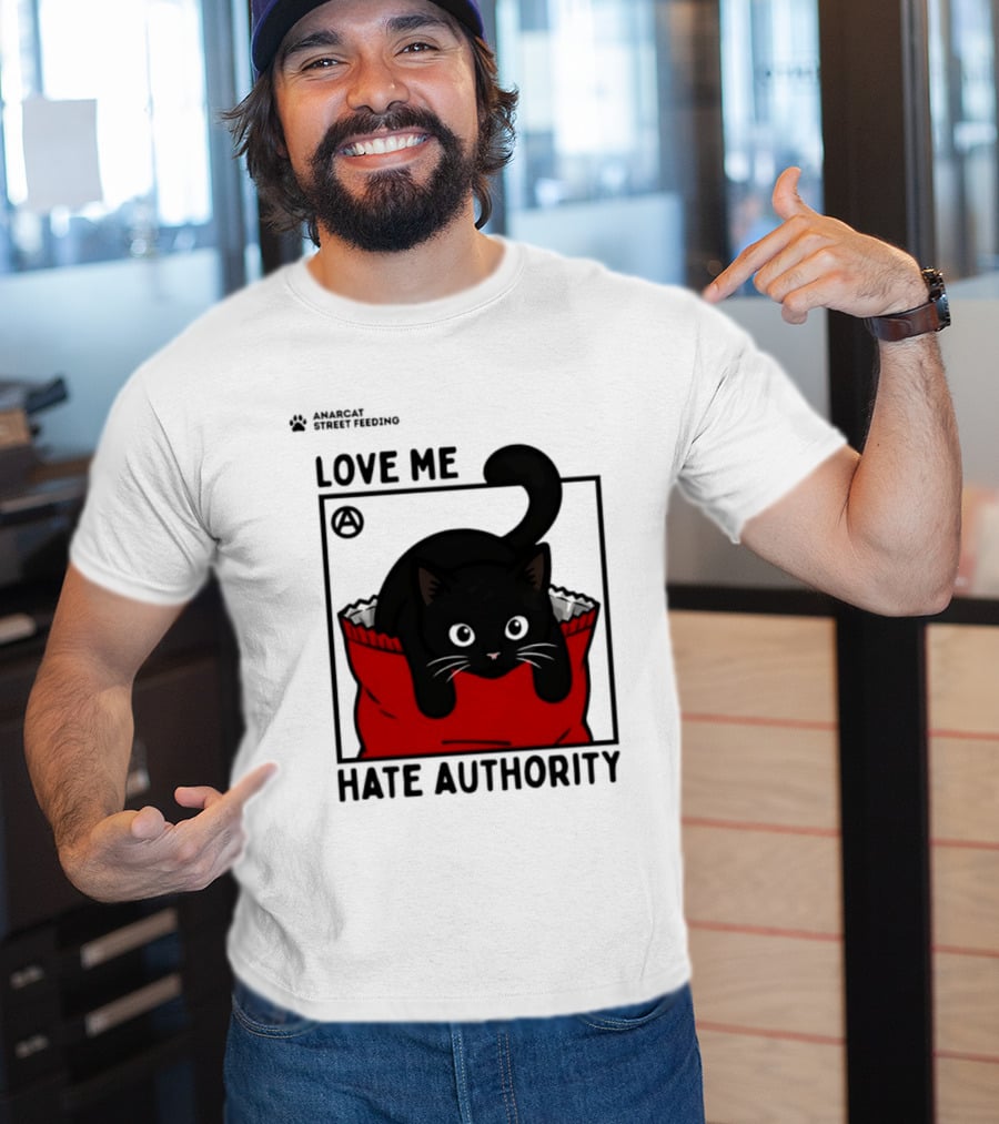Anarcat Street Feeding Love Me Hate Authority Black Cat Red Bag T-Shirt