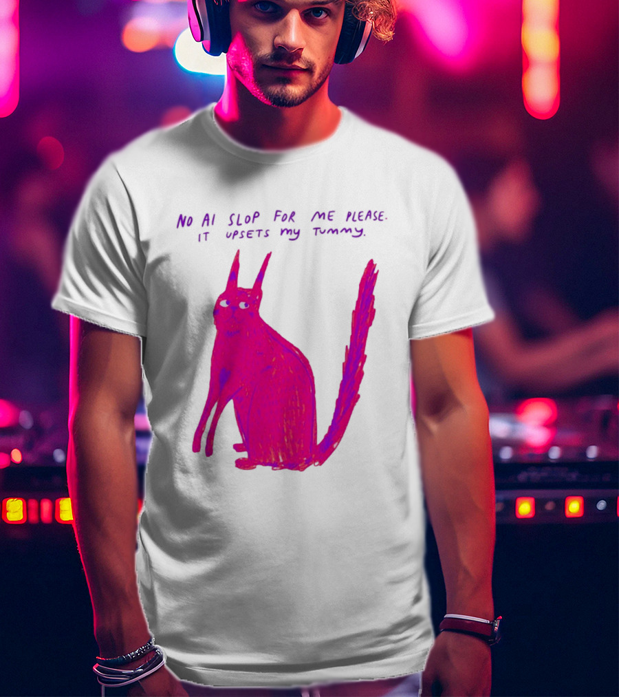 No AI Slop For Me Please It Upsets My Tummy Pink Cat T-Shirt