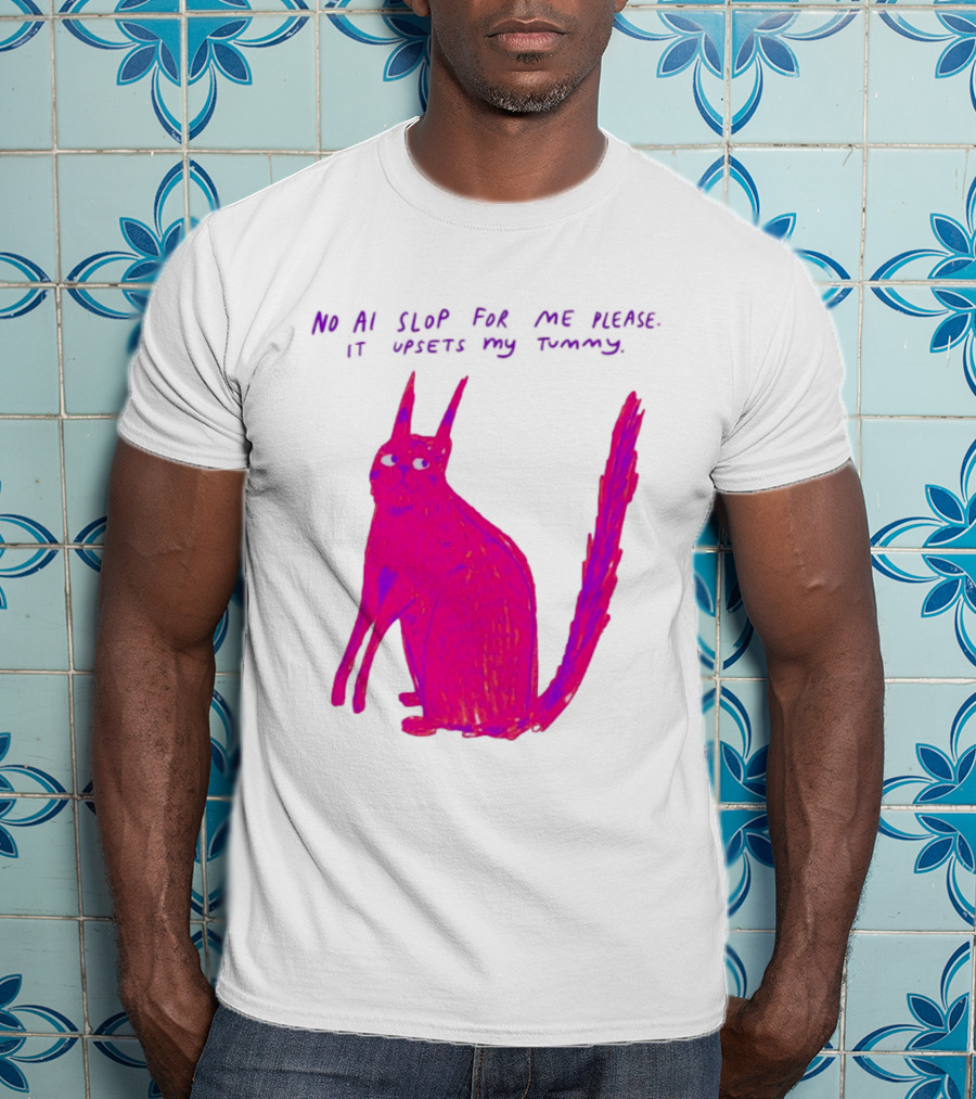 No AI Slop For Me Please It Upsets My Tummy Pink Cat T-Shirt