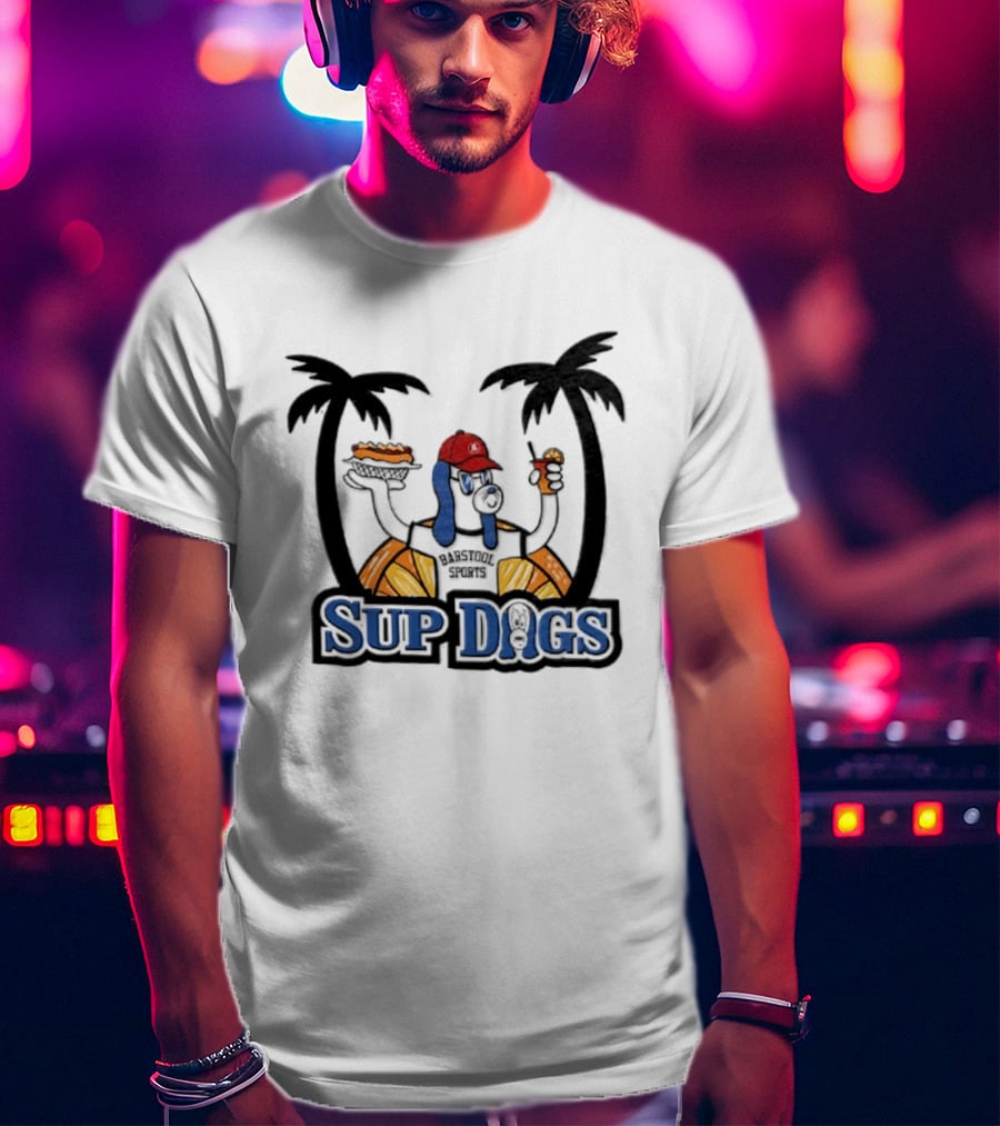Sup Dogs Beach Vibes Palm Trees Hot Dog Drink Fun T-Shirt