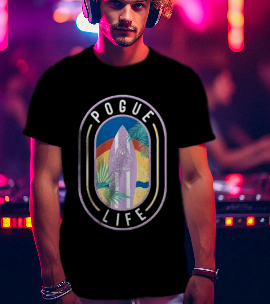 Pogue Life Surfboard And Palm Tree Colorful Tropical T-Shirt