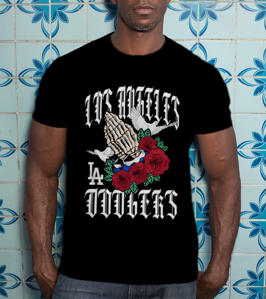 Los Angeles Dodgers Gothic Bloom Praying Hands Roses Halloween 2026 T-Shirt
