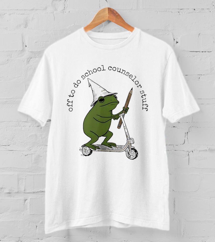 Frog Off To Do School Counselor Stuff With Wizard Hat Riding Scooter T-Shirt