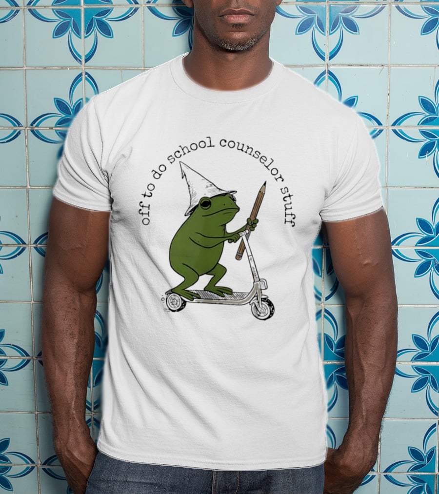 Frog Off To Do School Counselor Stuff With Wizard Hat Riding Scooter T-Shirt
