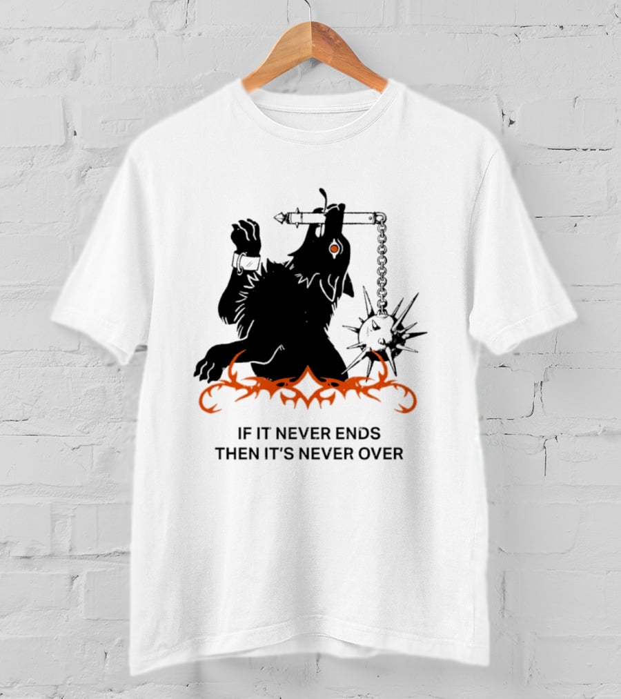 If It Never Ends Then It's Never Over Gothic Skeleton Warrior With Spiked Mace And Orange Flames T-Shirt