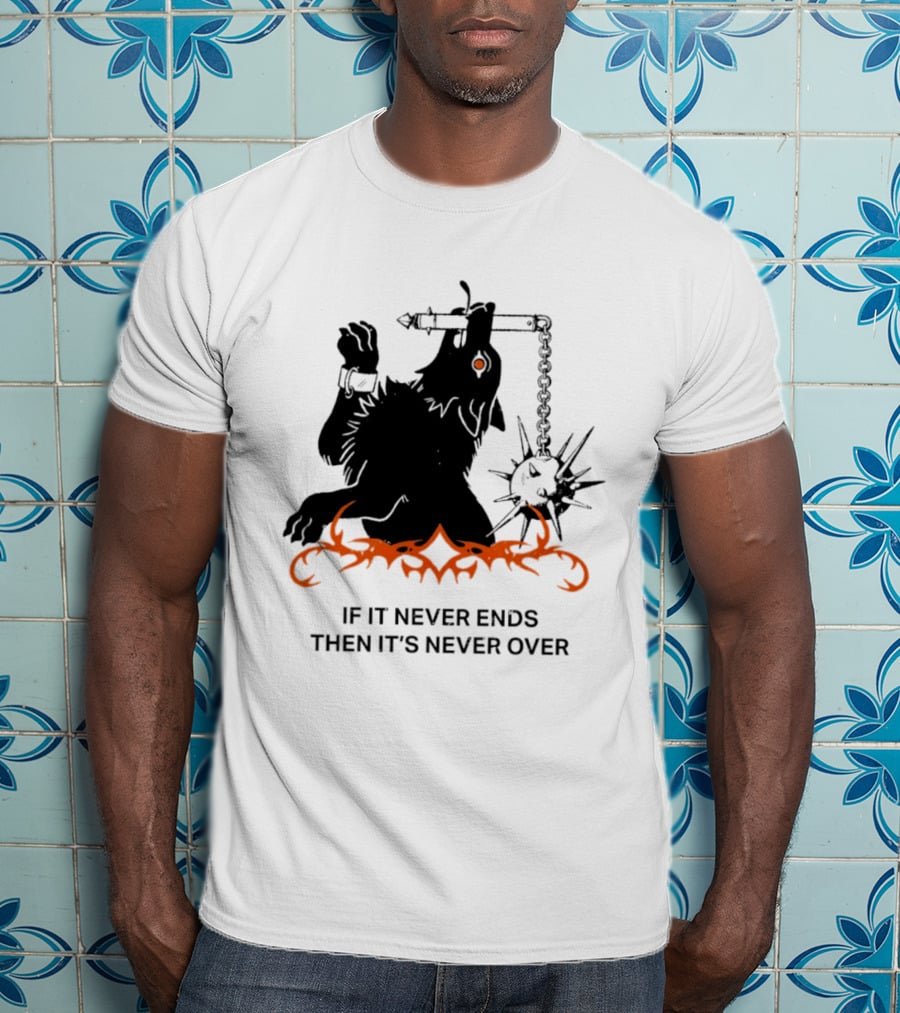 If It Never Ends Then It's Never Over Gothic Skeleton Warrior With Spiked Mace And Orange Flames T-Shirt