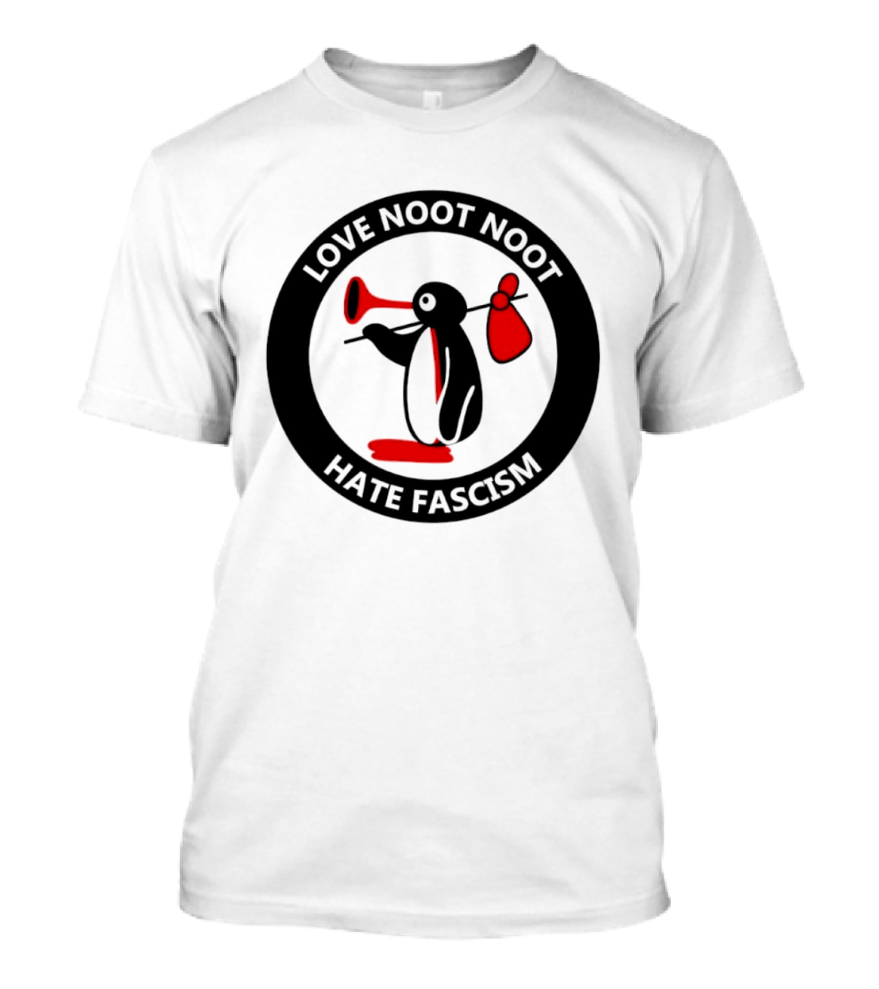 Love Noot Noot Hate Fascism Penguin Carrying Red Bag T-Shirt