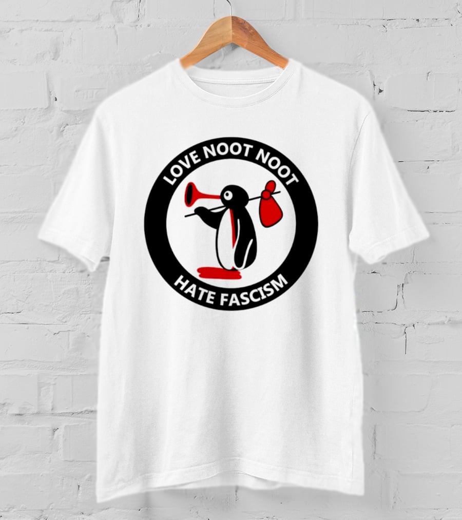 Love Noot Noot Hate Fascism Penguin Carrying Red Bag T-Shirt