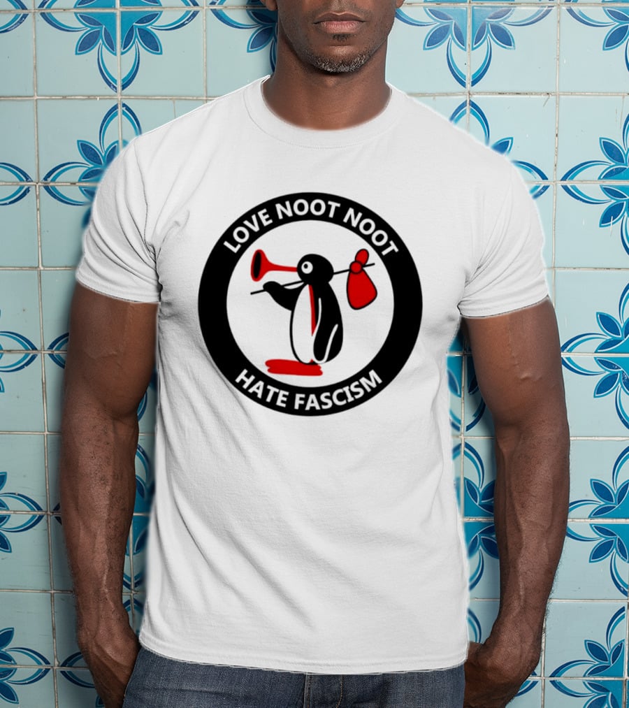 Love Noot Noot Hate Fascism Penguin Carrying Red Bag T-Shirt