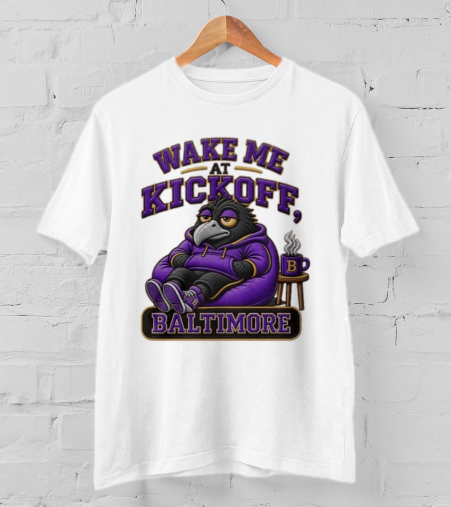 Wake Me At Kickoff Baltimore Purple Bird With Coffee T-Shirt