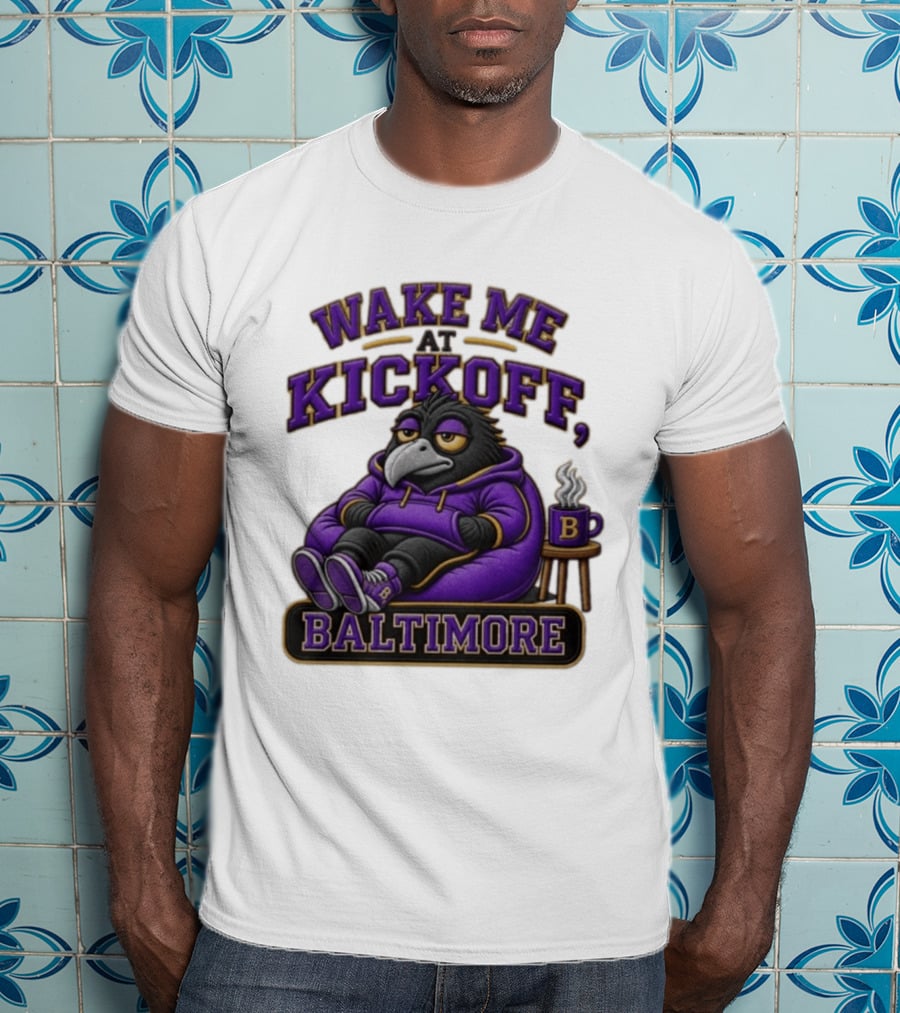 Wake Me At Kickoff Baltimore Purple Bird With Coffee T-Shirt